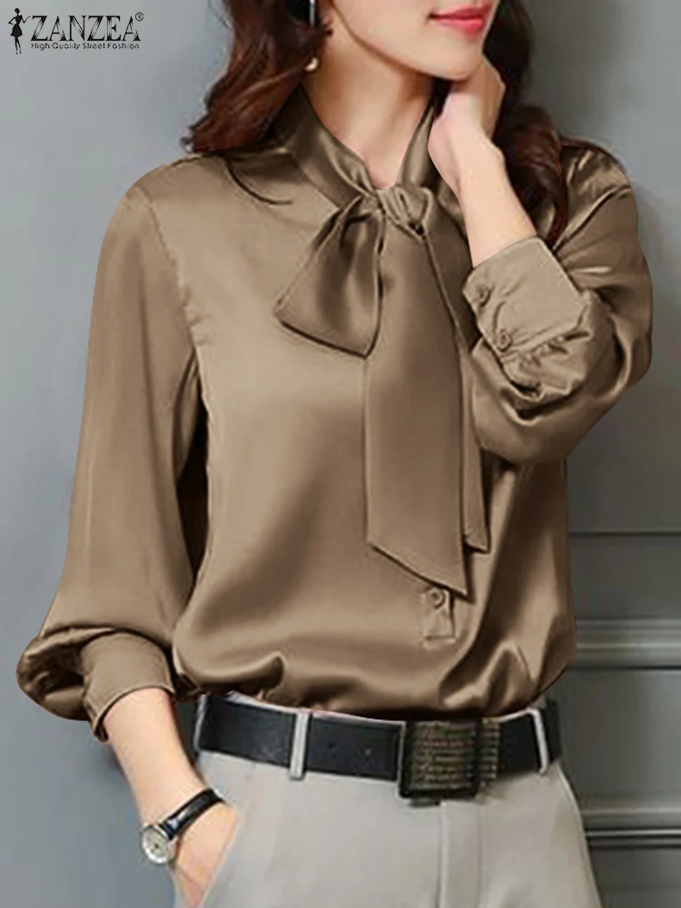 

ZANZEA Women Elegant Long Sleeve OL Work Satin Blouse Spring Casual Solid Bluas Female Office Tops Tunic Chemise Bow Tie Shirt