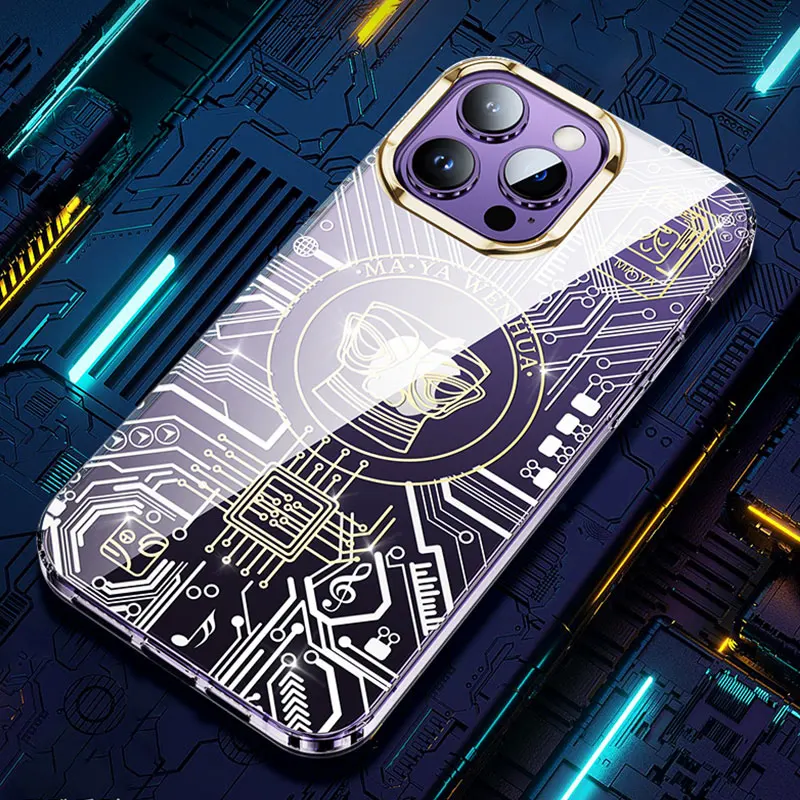 

TPU Circuit Pattern electroplated Lens Ring Phone Case For iPhone 12 13 14 Pro Max Magsafe Wireless Charging transparent Cover