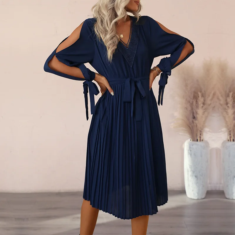 

YEMOGGY Chic Hollow Full Sleeve Pleated Dresses for Fall Women's Dresses with Lace up Solid Lace V-neck Waist Midi Lining Dress