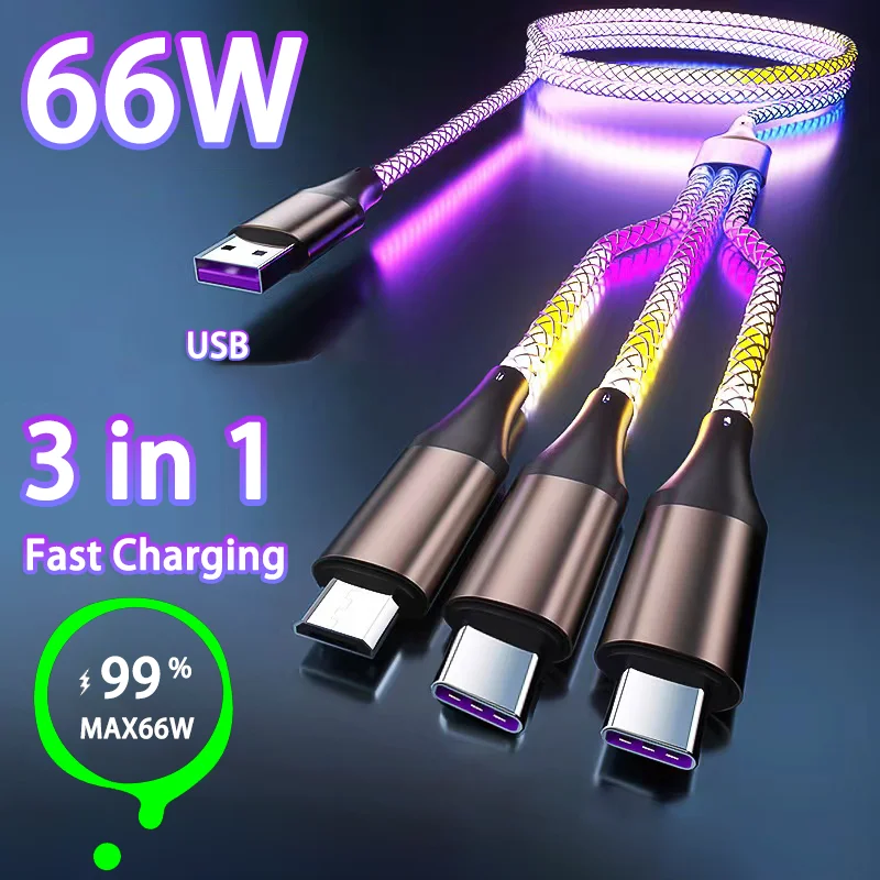 

66W 6A 3 in 1 Fast Charging Type C Cable Micro USB RGB Colorful Streamer Glowing Line For Huawei Xiaomi Redmi Charger USB Cable