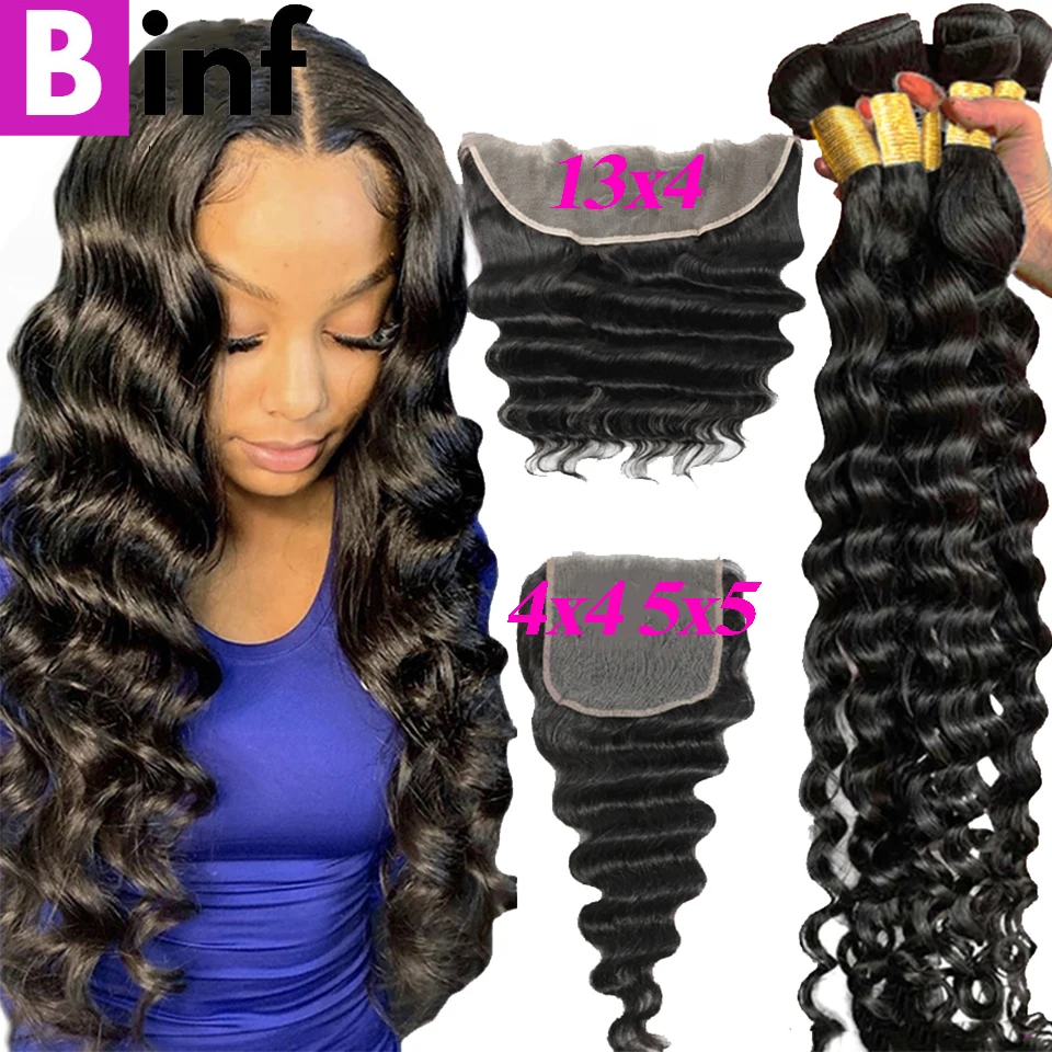 

38 40 Long Inch Loose Deep Wave Bundles with 4x4 5x5 Closure 12A Grade Cheap Remy Human Hair Bundles With Frontal