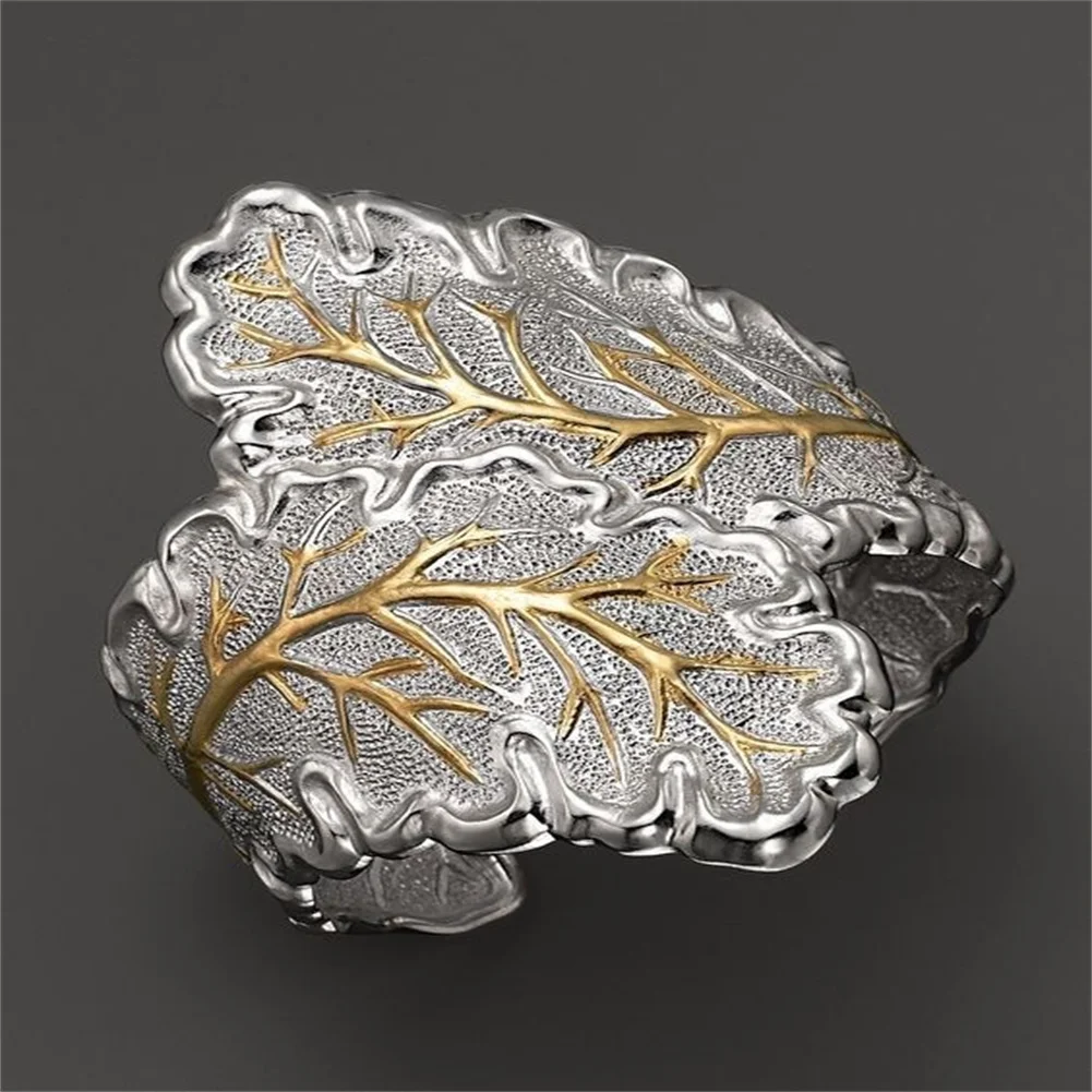 

Luxury Delicate Leaf Ring For Women Silver Color Micro Inlay Present Finger Vintage Fashion Two-Tone Jewelry Open Ring
