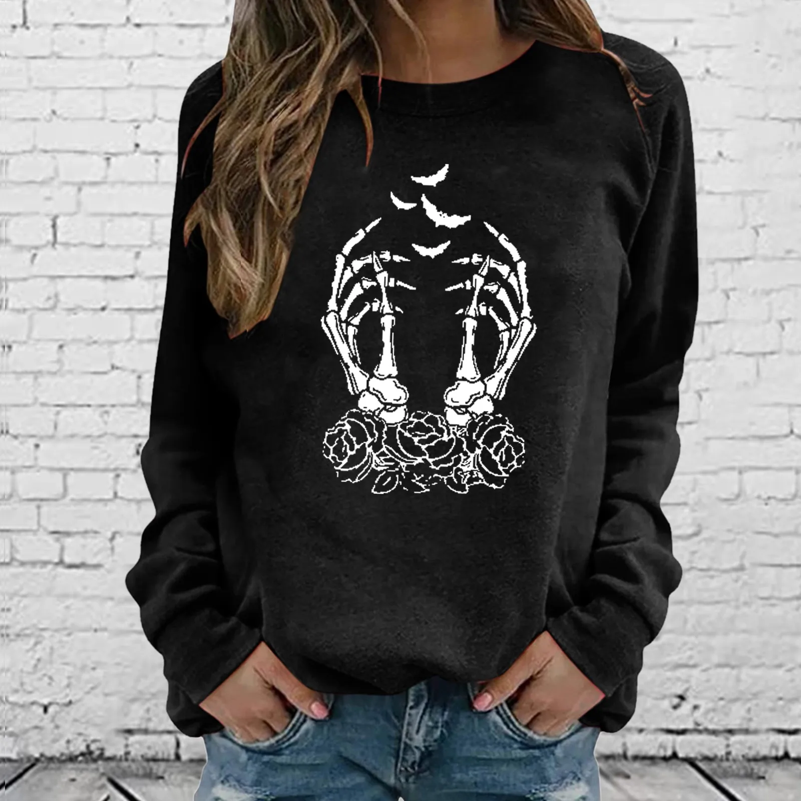 

Black Color Womens Casual Long Sleeve Crew Neck Skeleton Printed Hoodless Pullover Sweatshirt Top Blouse Fleece Women Zip up