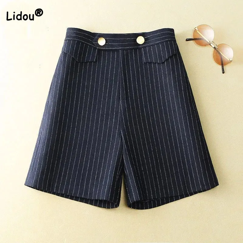 Fashion Office Lady High Waist Striped Straight Shorts Summer Commute Simplicity Casual Spliced Loose Shorts Women's Clothing