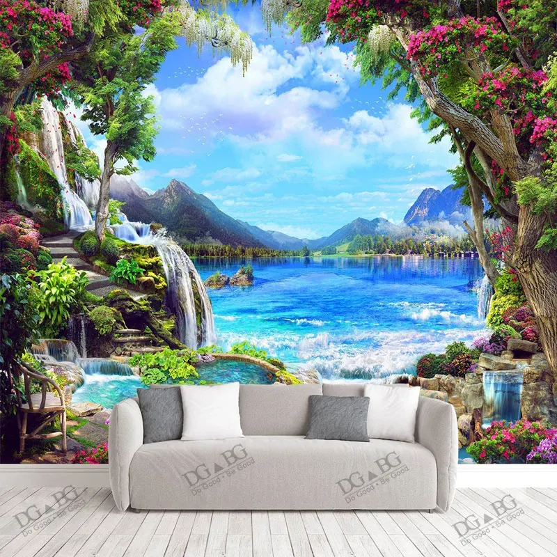 

Fabric Wallcoverings Living Room Jungle Extra Large Wall Mural Bedroom Landscape Lakes Wallpaper Couches Waterfall Art Paintings