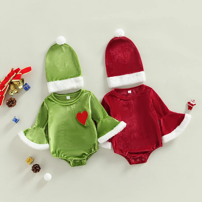 

Весенне-осенний Рождественский бархатный комбинезон для маленьких девочек с длинным рукавом, женская шляпа, Одежда для новорожденных