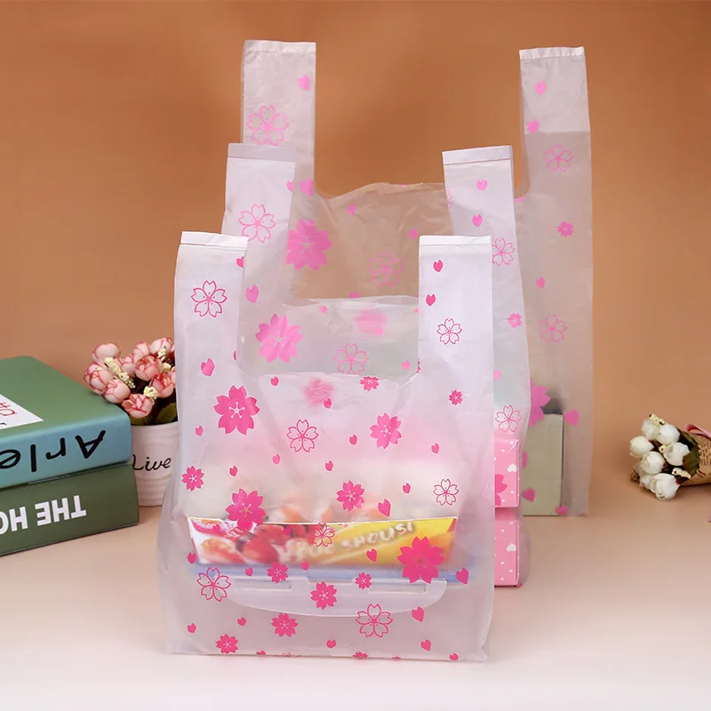 

100Pcs/bag Supermarket Shopping Plastic Bag Pink Sakura Vest Bag Gift Cosmetics Food Packaging Bag Candy Bag