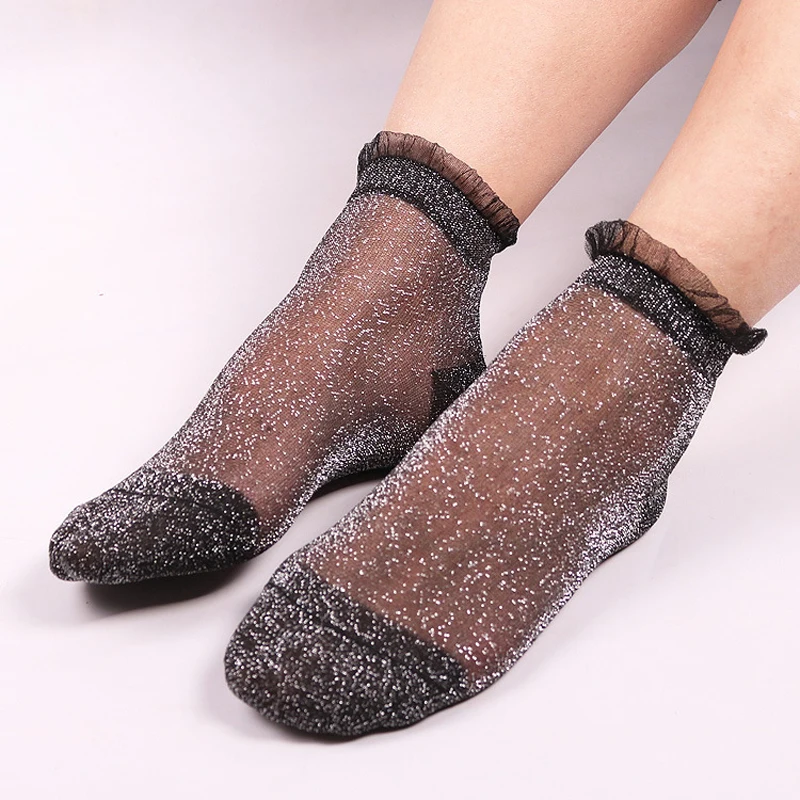 

Women Lace Socks Summer Fashion Shiny Crystal Glass Silk Thin Ankles Short Sock Transparent Glitter Elastic Sox meias