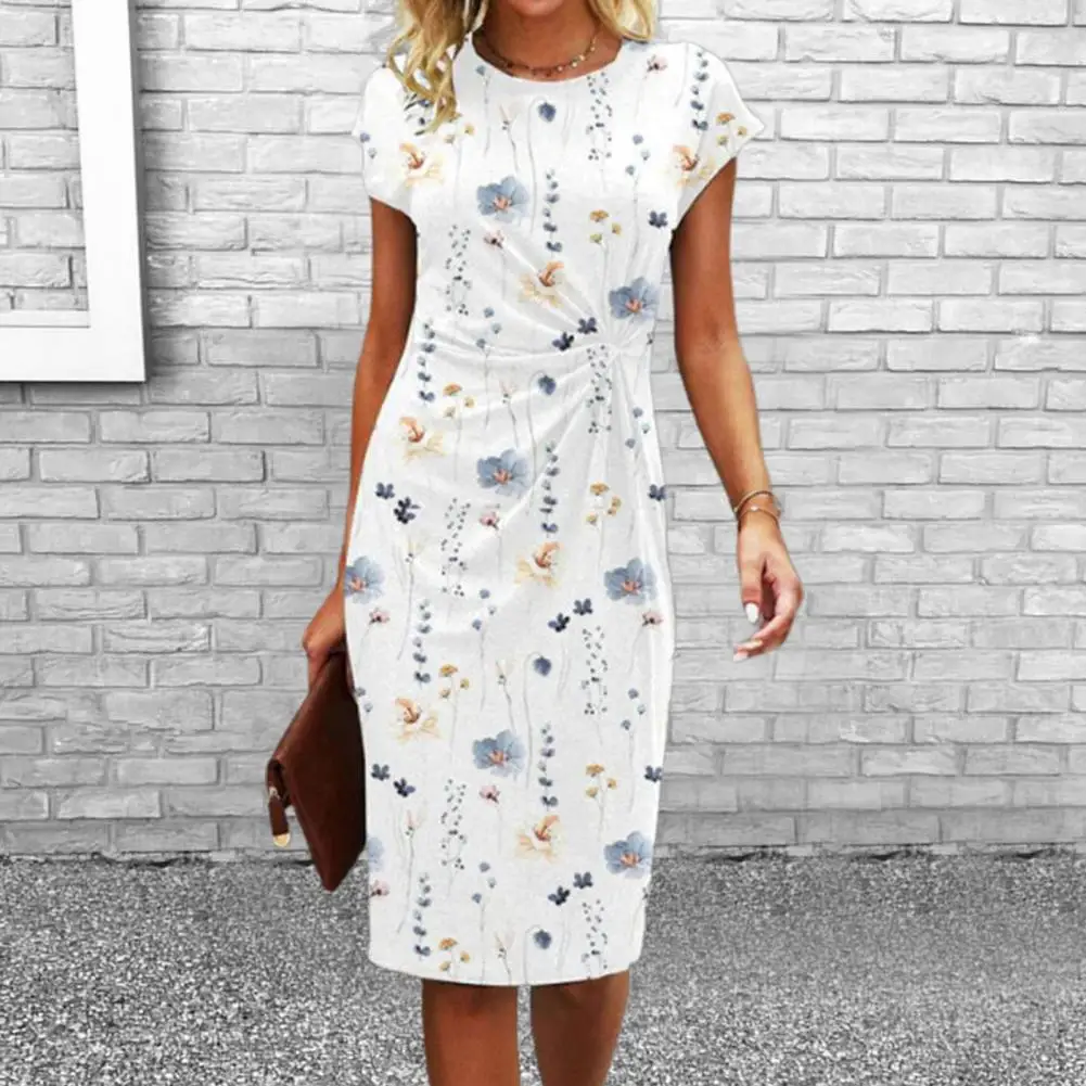 

Elegant Women Summer Dress Knee Length Lady Dress Flower Printing Dress-up Floral Pattern Summer Midi Dress