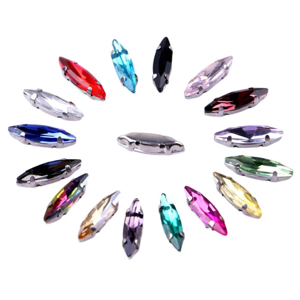 

4x15mm 50pcs/pack Glass Sew On Rhinestone With Claw Sewing On Horse Eye Metallic Setting Silver Metal Claws 4 Holes Diamond