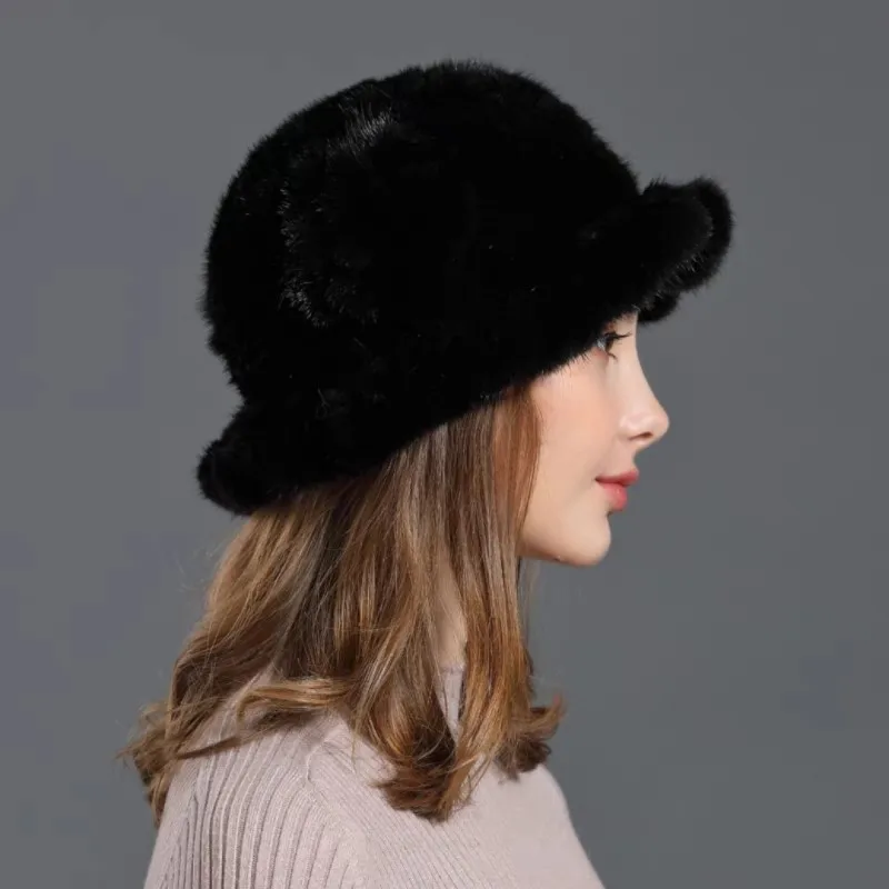 Вязаные модные шапки из натурального меха норки для зимы с цветочным дизайном