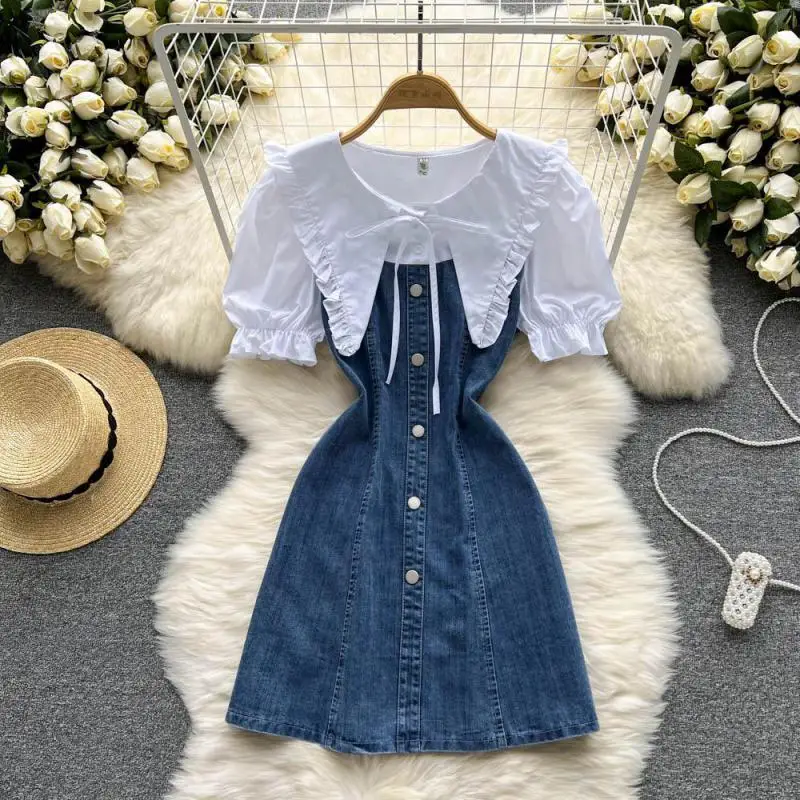 

WEIHAOBANG 2022 Summer Women New Denim Stitching Large Lapel Bubble Short Sleeve Casual Dress Short High Waist Slim Dress