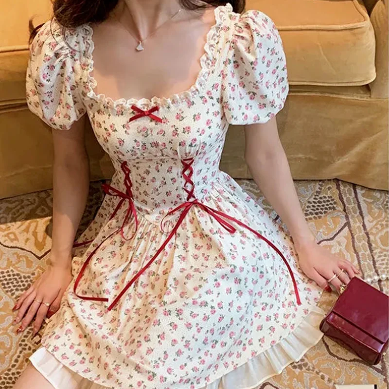 

Boho Kawaii Floral Dress Woman French Mori Girl Style Boho Puff Sleeve Bandage Lace Mini Dress 2022 Cute Elegant