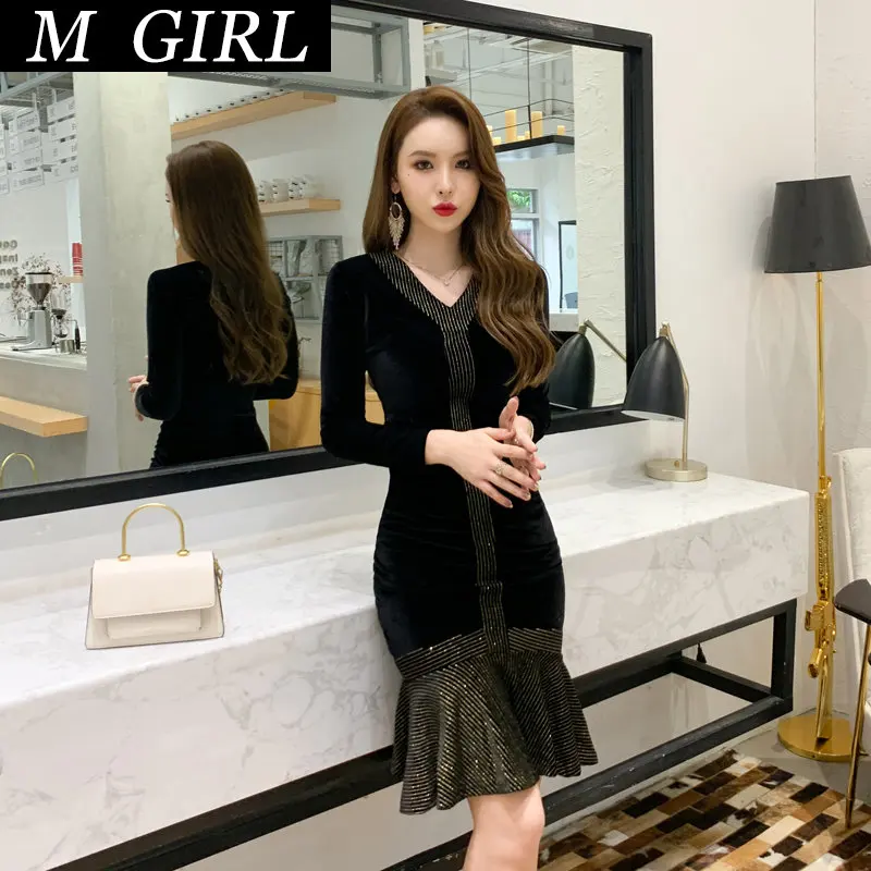 M GIRLS V-neck  Dress Autumn  Hip Wrap Velvet Fishtail Black Fall Clothes for Women  Summer Woman Fashion Women's Party