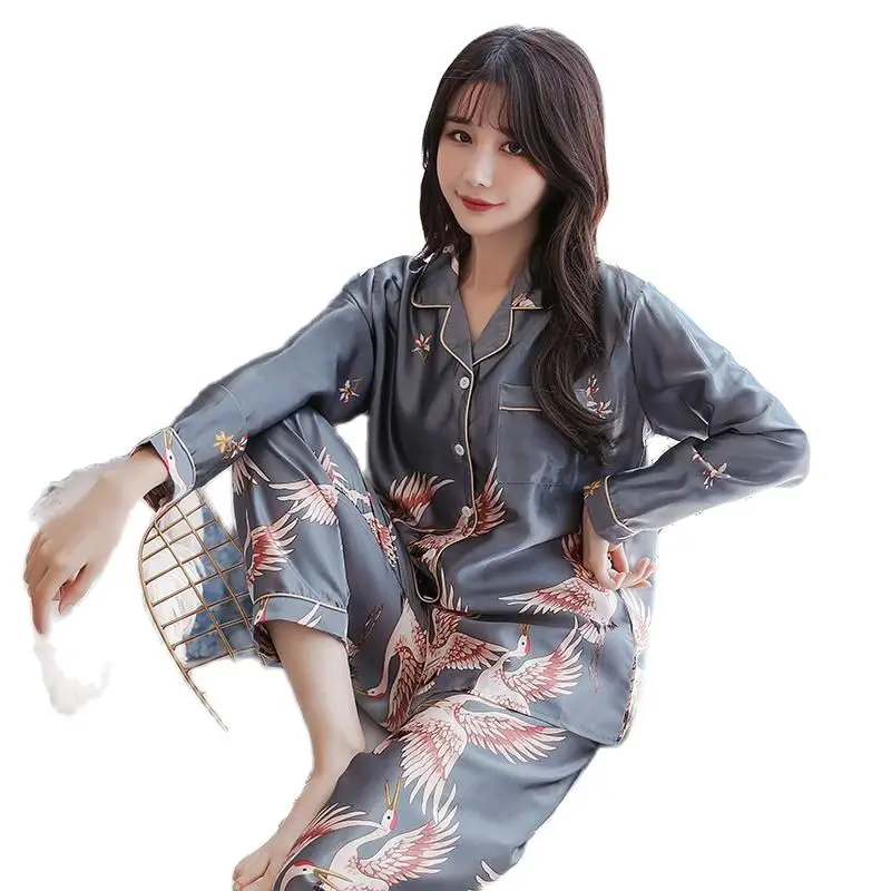 

autumn new pajamas female ice silk suit long-sleeved cardigan fat code two-piece suit Korean version can wear home service women