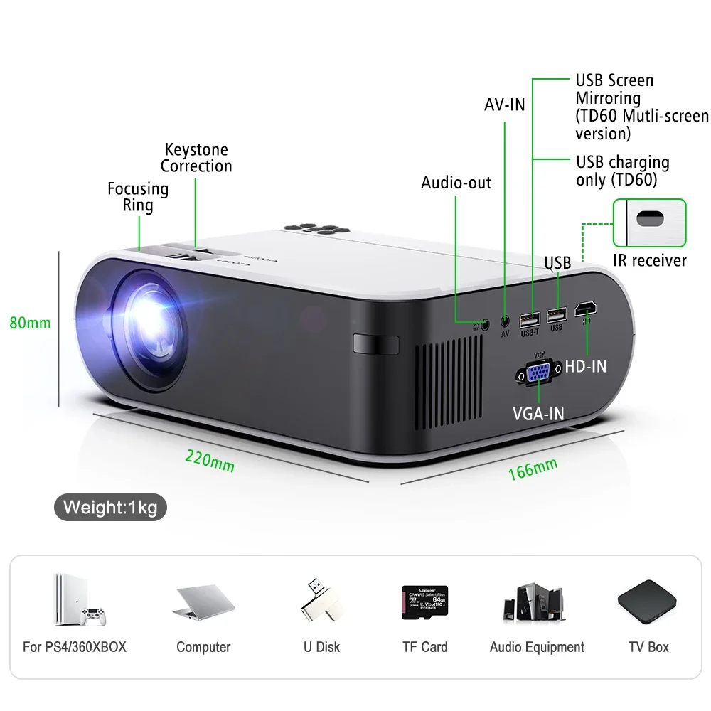 Мини-проектор TD60 Full HD 1080P светодиодный Wi-Fi Android
