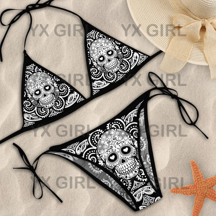 YX GIRL SUGAR SKULL BLACK AND WHITE PATTERN 3D All Over Printed Sexy Bikini Summer Women For Girl Beach Swimsuit Cosplay Clothes