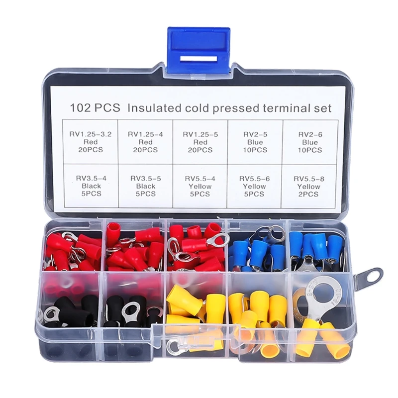 

102 Pcs Insulated Ring Type Copper Crimp Terminals Wire Connector Mixed Assorted Kit for Home Automotive Workshop Wiring