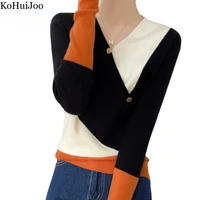 kohuijoo v neck slim knitted sweater women 2022 spring contrast color short slim long sleeve womens knit pullover sweaters tops