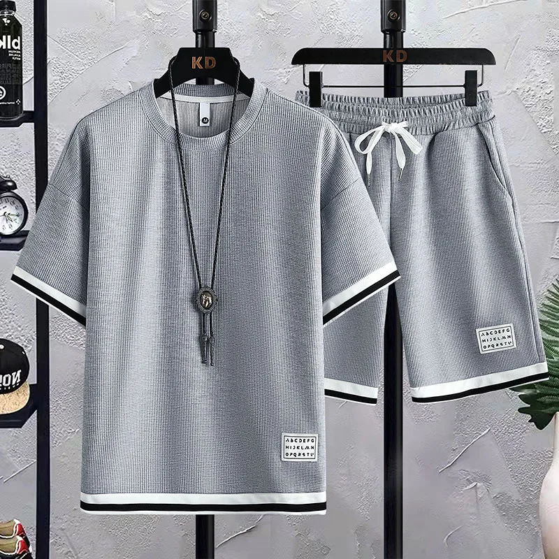Waffle Casual Suit Men's Summer Ice Silk Short Sleeve T-shirt Men's Suit with Handsome Large Size Sports Suit