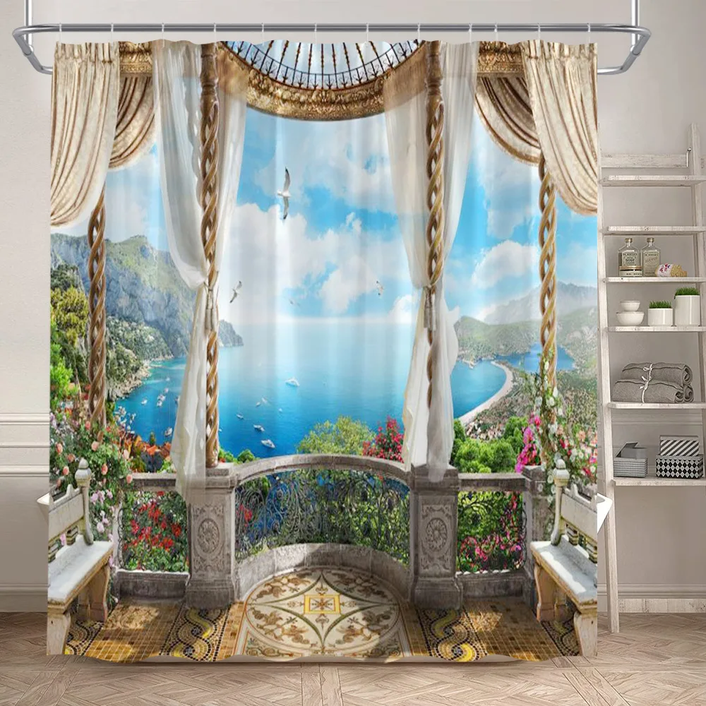 

Island Landscape Shower Curtain Ocean Seaside Flower Plant Vintage Window Nature Scene Polyester Cloth Bathroom Decor With Hooks