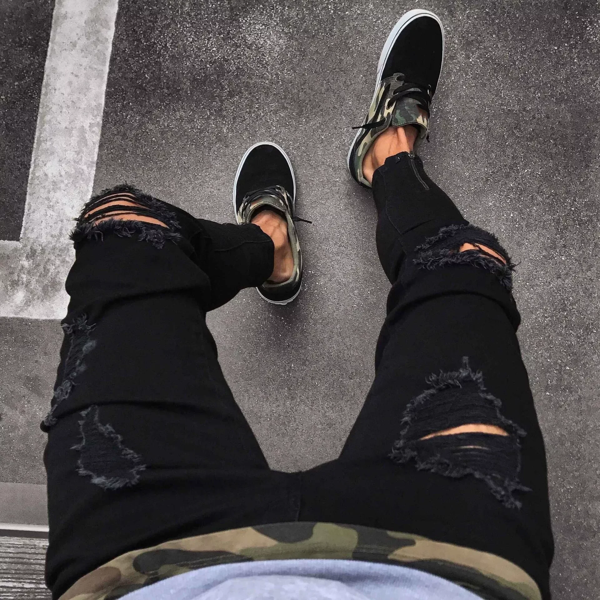 

Черные Стрейчевые облегающие джинсы на молнии, мужские рваные потертые джинсы до колена, брюки в стиле хип-хоп, уличная одежда XXXL