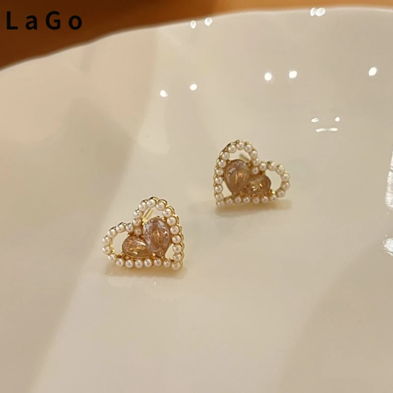 

Fashion Jewelry S925 needle Pearl Earrings Popular Style Delicate Design AAA Zircon Love Heart Stud Earrings For Girl Gifts