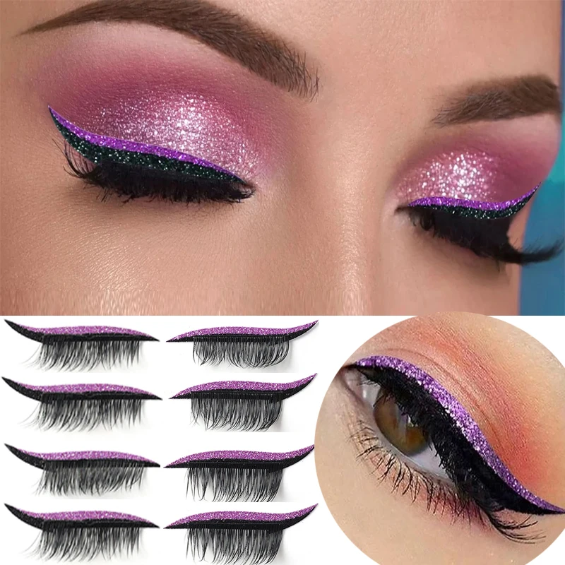

4 Pairs Eyeliner False Eyelashes Sticker Reusable Waterproof Longlasting Self Adhesive Pink Eyelid Sticker Shiny Easy Eye Makeup