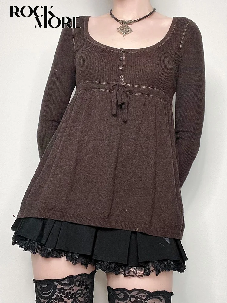 

Rockmore Retro Brown Sweaters Y2K Aesthetic Winter Jumper Harajuku Lace Up Casual Knit Pullover Tops Autumn Korean Fairy Grunge