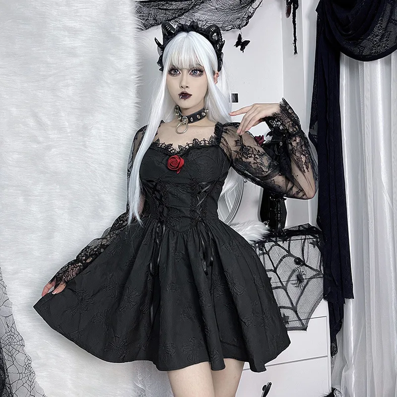

2023 Summer Diablo System Women Dress Slim Longsleeve Lace Sexy A-line Patchwork Pretty Fashion New Design Soft