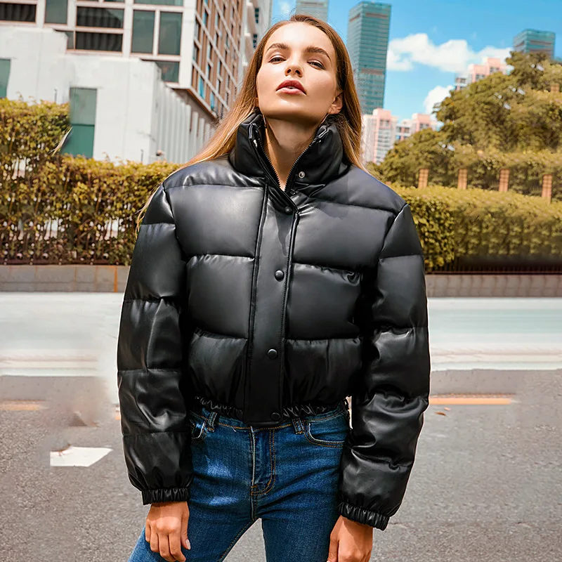 Winter Warm Thick Leather Coats Women Short Parkas Fashion Black Cotton Padded Lady Down Jacket Elegant Zipper Clothes 2022