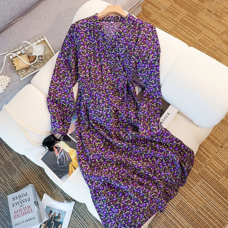 

Spring Summer Vestidos Fashion Female Vintage Print Floral Long Sleeve A-line Loose V-neck Casual Dress Women Chiffon Dresses
