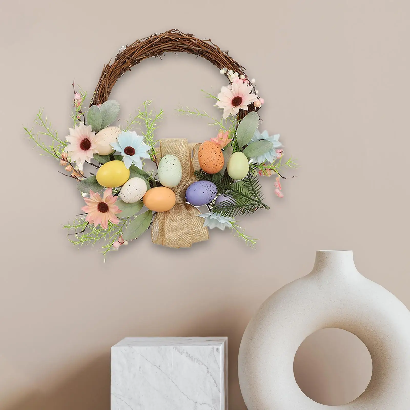 

Round Easter Wreath with Colored Eggs Ornament Hanging 40cm Artificial Flower Garland for Front Door Outdoor Farmhouse Wedding