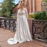 simple applique scoop wedding dresses long train satin draped bridal dresses floor length illusion full sleeve wedding gown