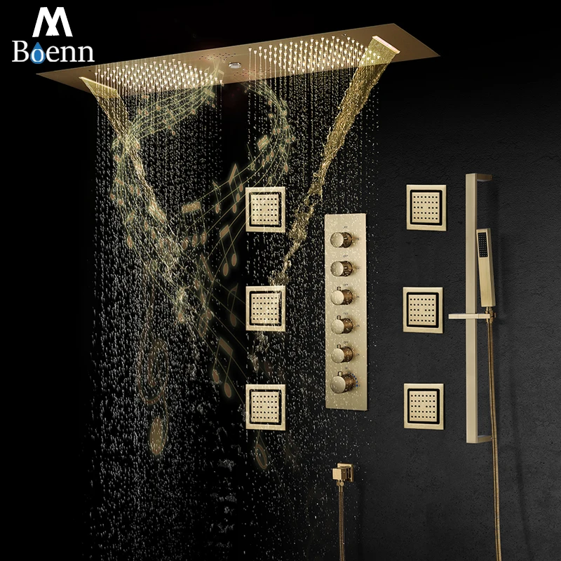 

M Boenn Bathroom Shower System 5 Functions Thermostatic Mixer Brass Bath Tap Embedded Ceiling LED Rain ShowerHeads Brushed Gold