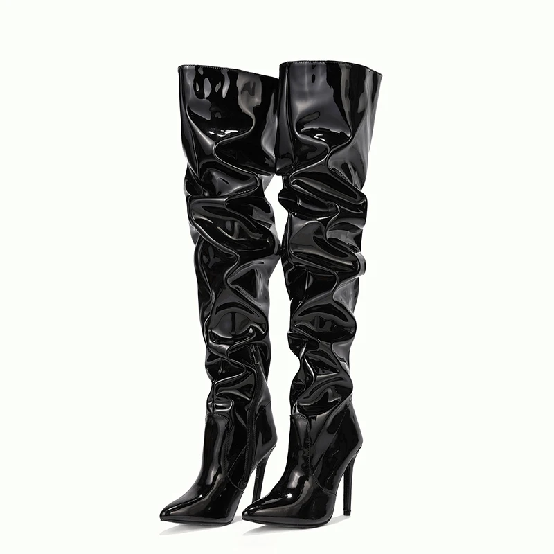 Pleat through knee-high boots fashion pointed zipper female lattice-windows paint scooter with party with pleated design for wom