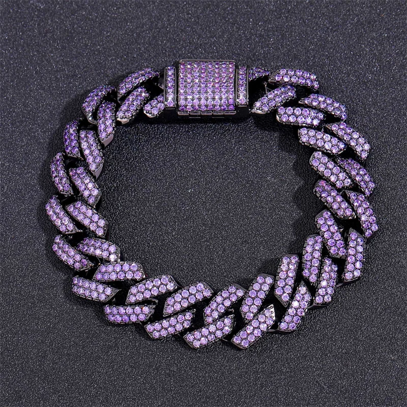 

Iced Out Width 15mm Purple Zircon Cuban Chain Bracelet For Men Black Gold Plated Hip Hop Bracelets Heavy Metal Fashion Jewelry