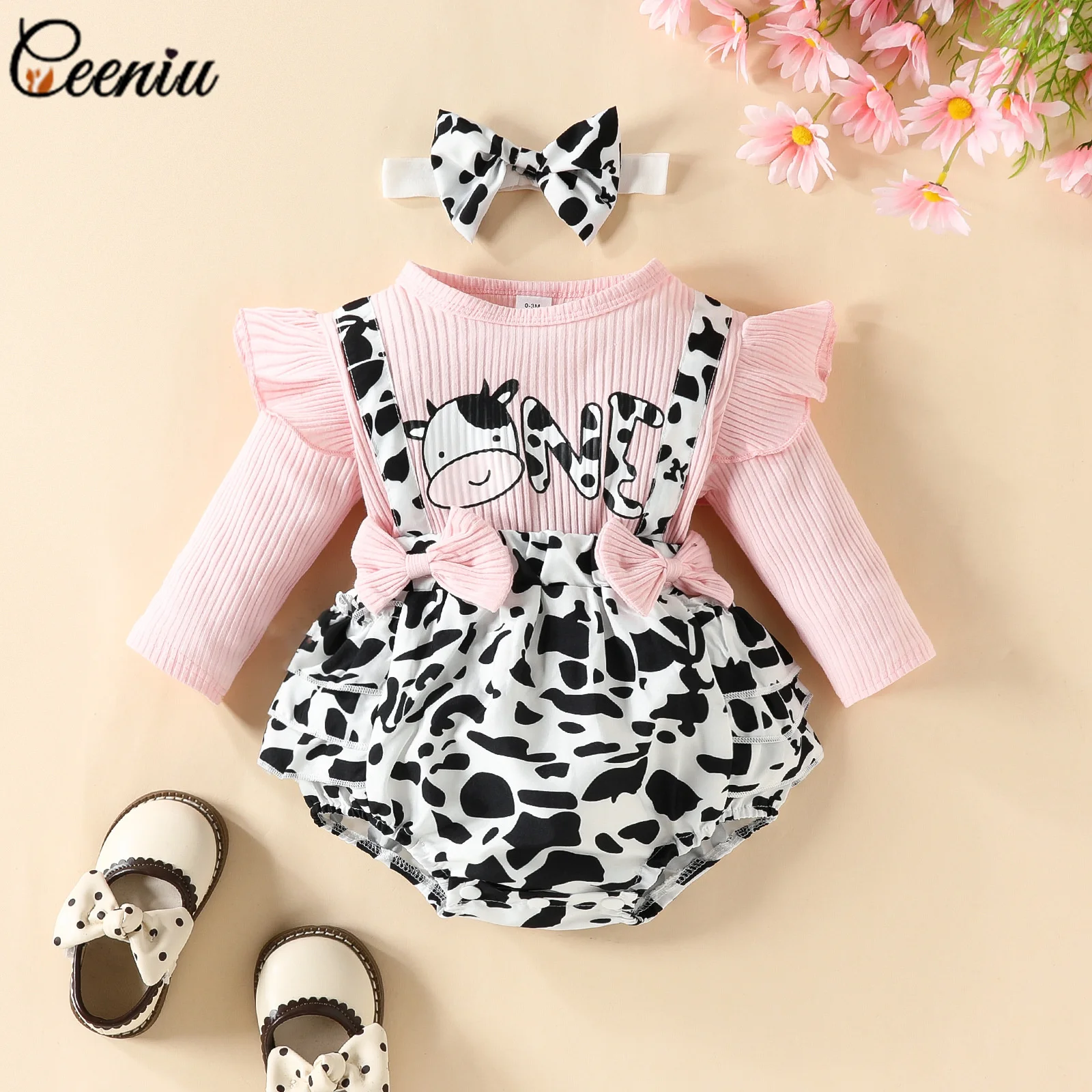 

Ceeniu 0-18M Baby Girl Bodysuit Long Sleeve Letter One Bowknot Cow Printed Romper Jumpsuit+Headband Newborn Girls Clothes