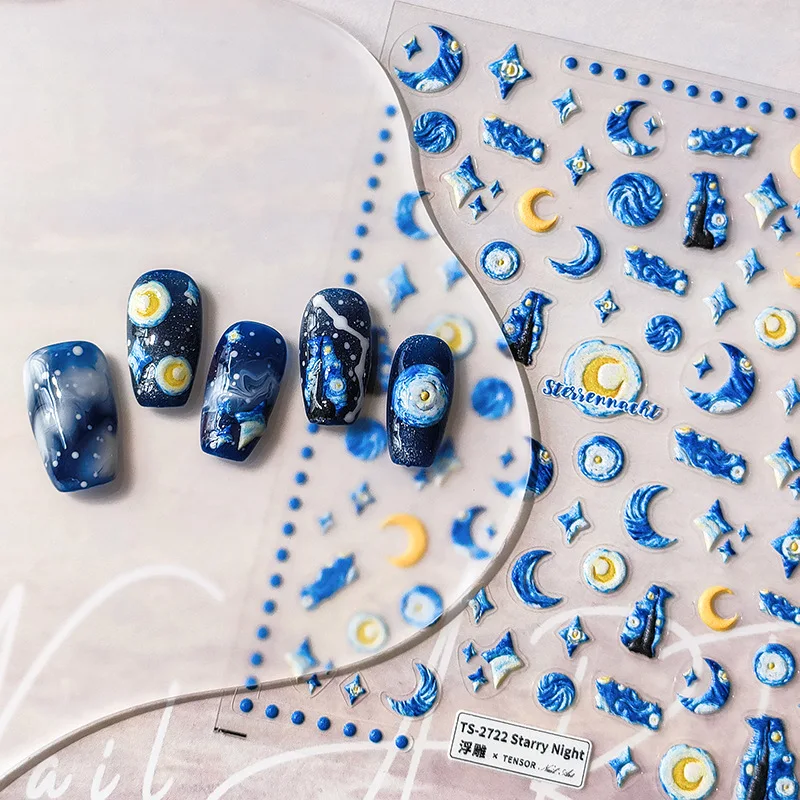 

Acrylic Engraved Nail Sticker Shiny Blue Moon Sky Star Image Self-Adhesive Nail Transfer Sliders Wraps Manicures Foils Z0696