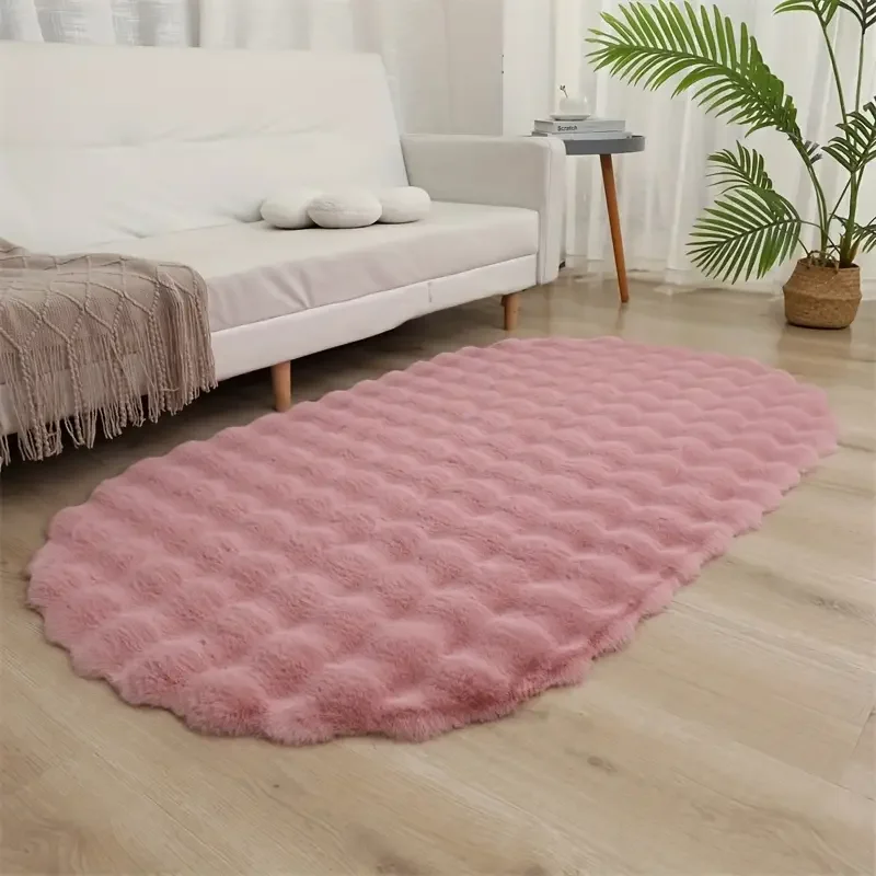 Luxurious Faux Rabbit Fur Oval Area Rug Plush Thick Warm Bubble Velvet Carpet for Living Room Fluffy Soft Bedside Floor Mat