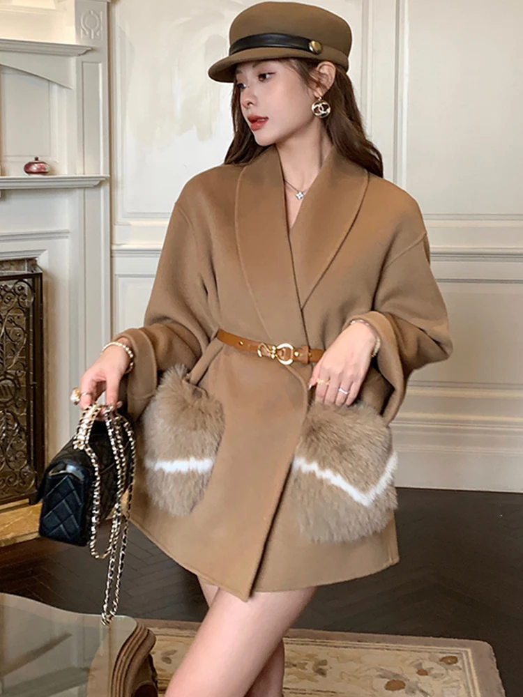 Женское кашемировое пальто с карманами теплая шерстяная куртка рукавом летучая