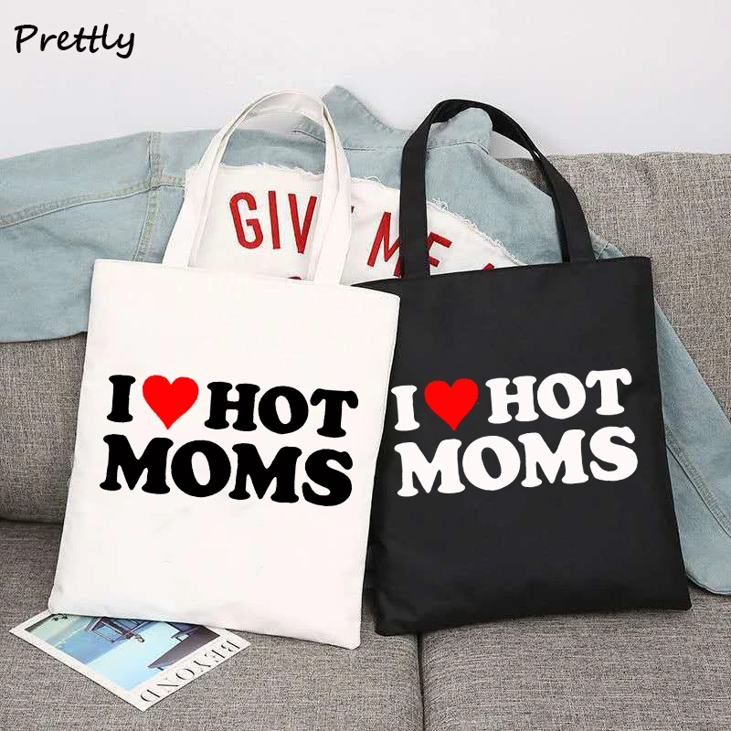 

Холщовая Сумка-тоут I Love Hot Mom, женская сумка для покупок, Повседневная Милая тканевая дамская сумочка, цвет черный/белый