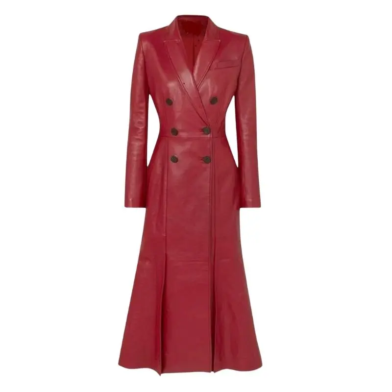 Women Coat Red 100% Pure Lambskin Leather Formal Style Winter Eve Genuine Leather Trench Jacket