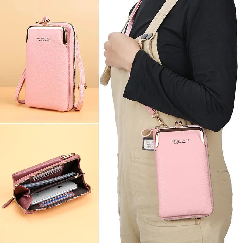 

New Mobile Phone Bag Litchi Pattern Multi-functional Women's Small Bag Vertical Zipper Wallet Bill Shoulder Oblique Span Bags