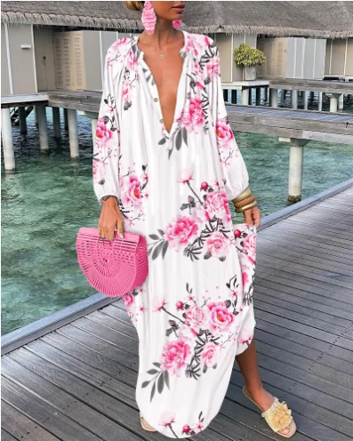 

2022 New Fashionable Popular Women's Dress Four Seasons Print V-neck Dress Women's Spot