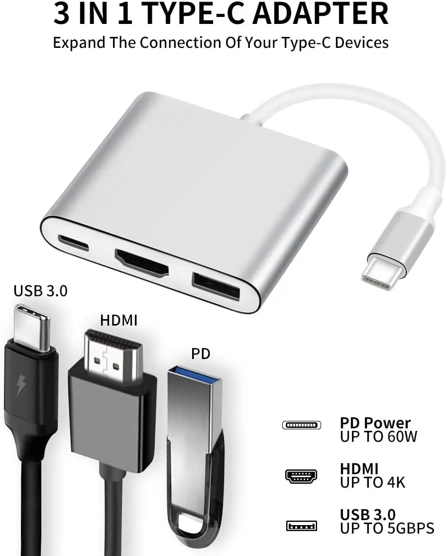 

Adaptador USB-C para HDMI, USB 3.1 tipo C para HDMI 4K multiportas conversor AV com porta USB 3.0 Mac HDMI, adaptador USB-C Digi