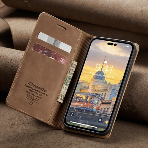 Ультратонкий кожаный чехол-бумажник с отделением для карт для iPhone 14 Pro Max, противоударный чехол для защиты камеры, чехол для телефона