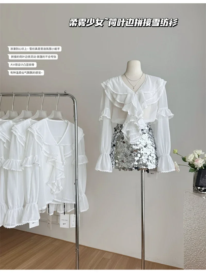 Женская винтажная рубашка с длинным рукавом элегантная белая блузка воротником