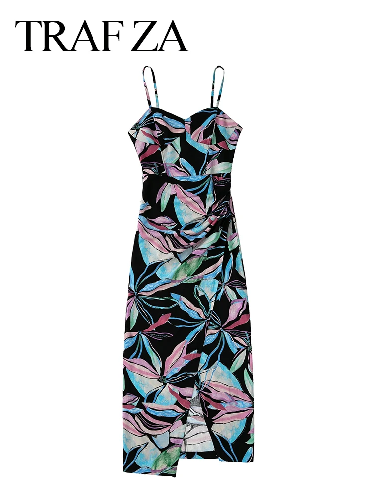 

TRAF ZA Elegant Print Thin Strap Sling Tube Top Dress Open Back Elastic Asymmetric Pleated Overlapping Slit Party Dress Women