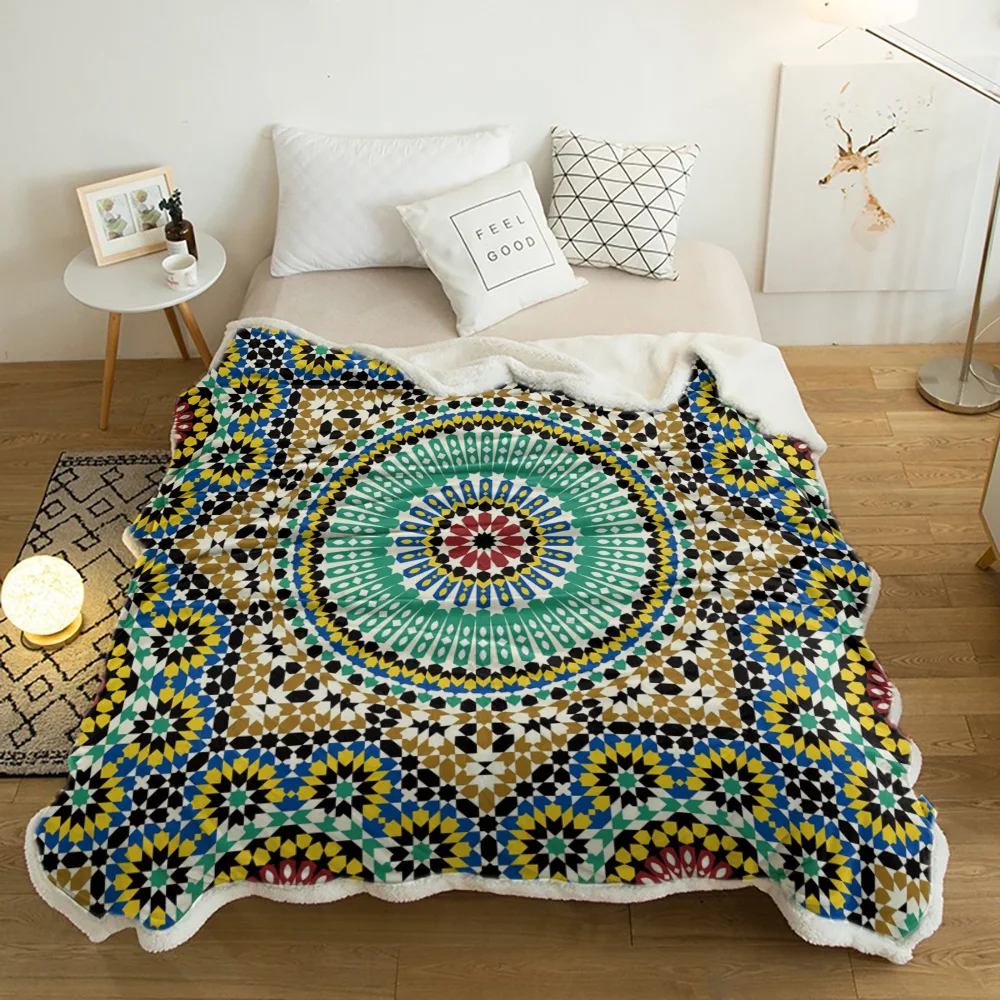 

Morocco Colorful Flowers Arabesque Lamb Cashmere Fleece Blanket Home Bed Sofa Winter Sherpa Bedding Kids Thick Bedspread